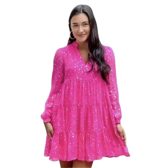 Lilly Pulitzer Sarita Silk Swing Dress Pink Gold Metallic Dot Tiered Mini 8  - studiocorradiniservizi.it